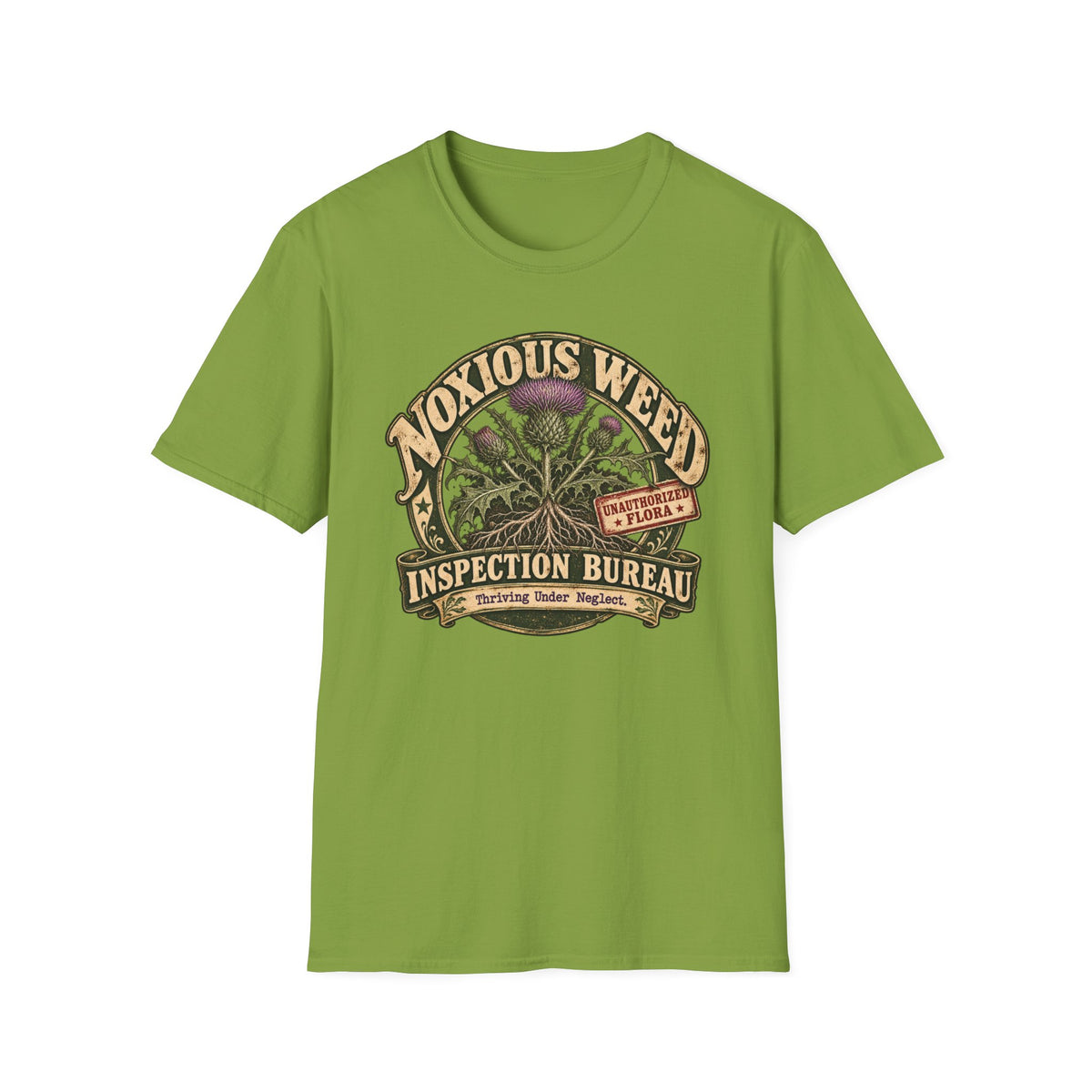 Noxious Weed Inspection Bureau graphic with plant artwork on a T-shirt