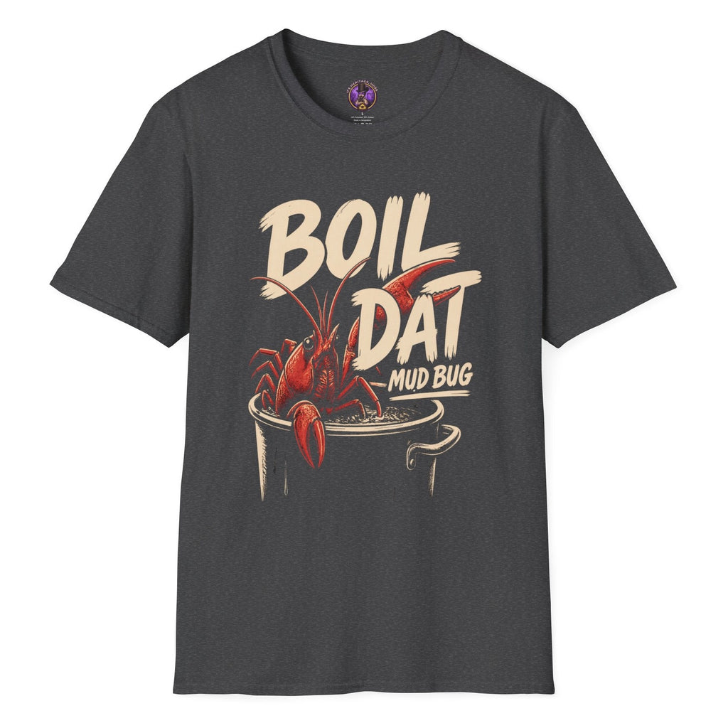 Boil Dat Mud Bug Cajun T-shirt graphic featuring a red crawfish climbing from a boiling pot with bold vintage-style lettering