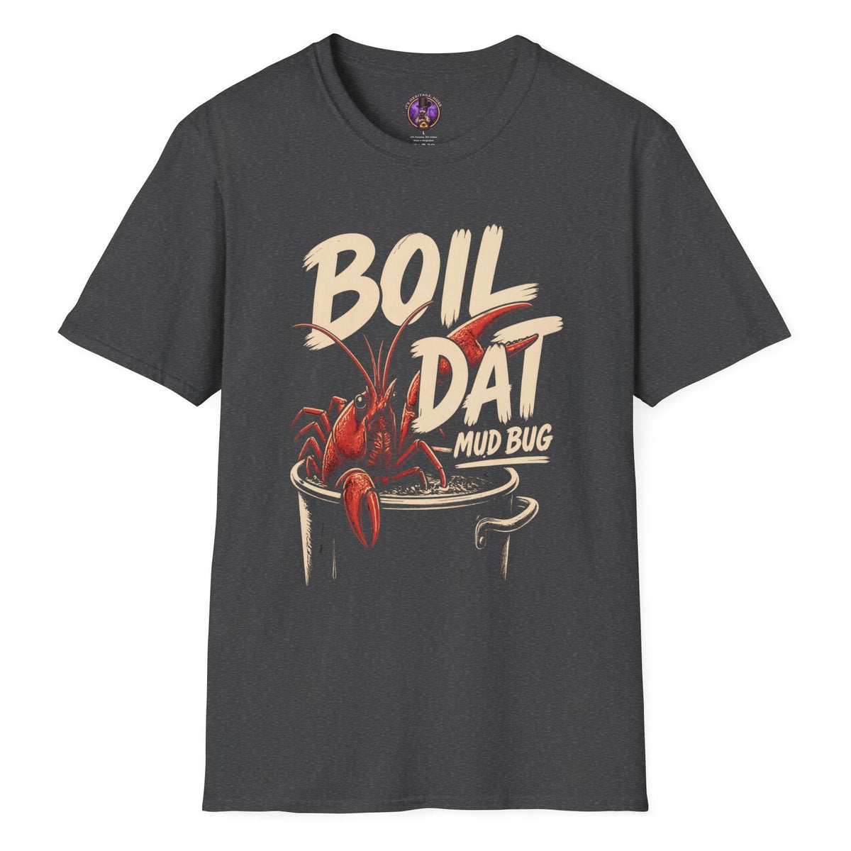Boil Dat Mud Bug Cajun T-shirt graphic featuring a red crawfish climbing from a boiling pot with bold vintage-style lettering