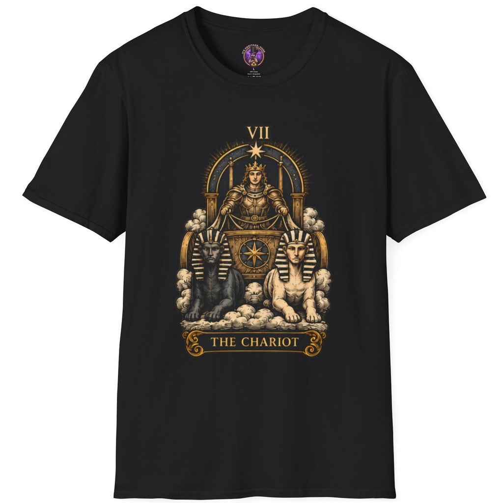 Crowned charioteer with shield and sphinx-like guardians in tarot card artwork