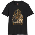 Crowned charioteer with shield and sphinx-like guardians in tarot card artwork