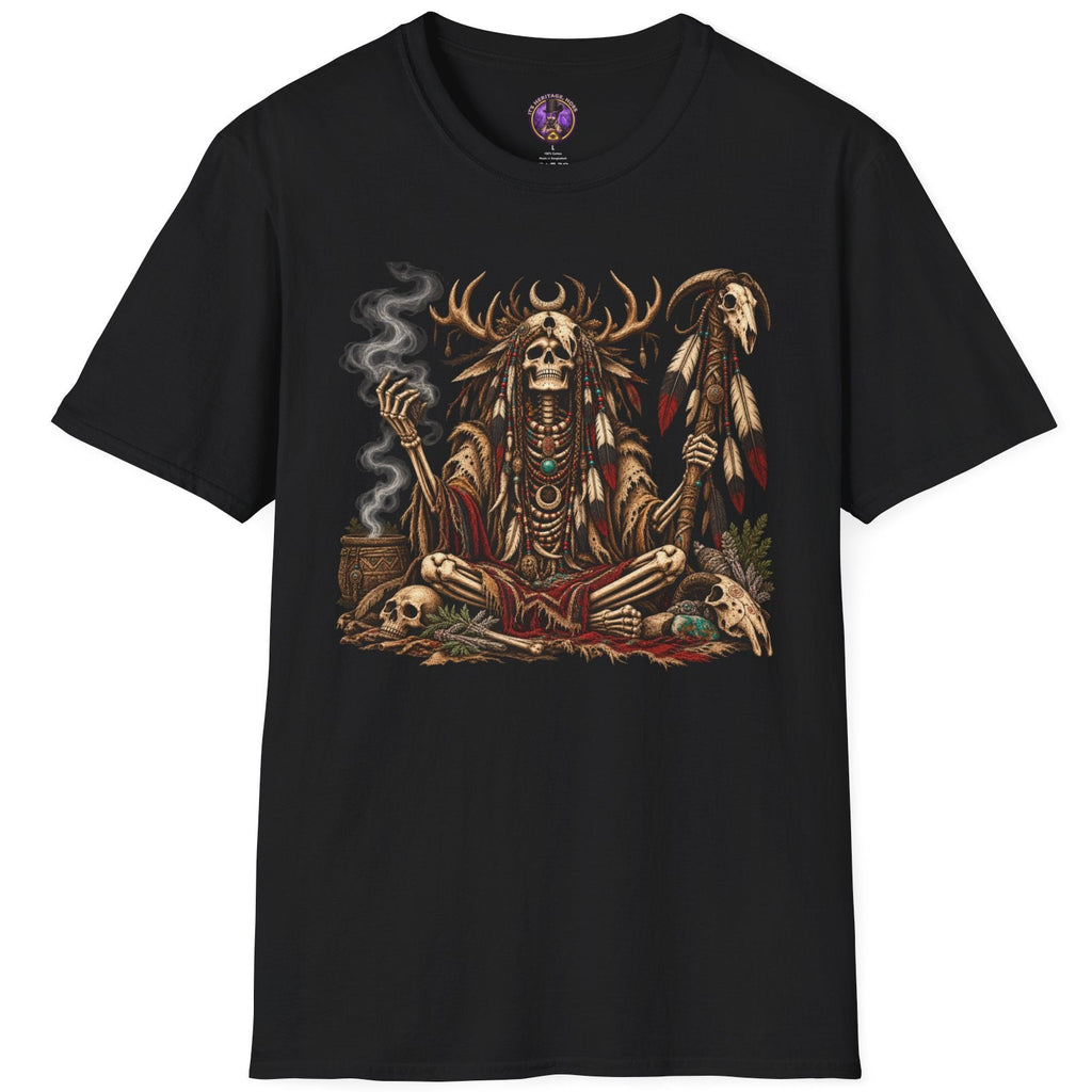 Mystic skeletal shaman wearing deer antlers with animal skulls bone charms herbs and weathered robes