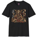 Mystic skeletal shaman wearing deer antlers with animal skulls bone charms herbs and weathered robes