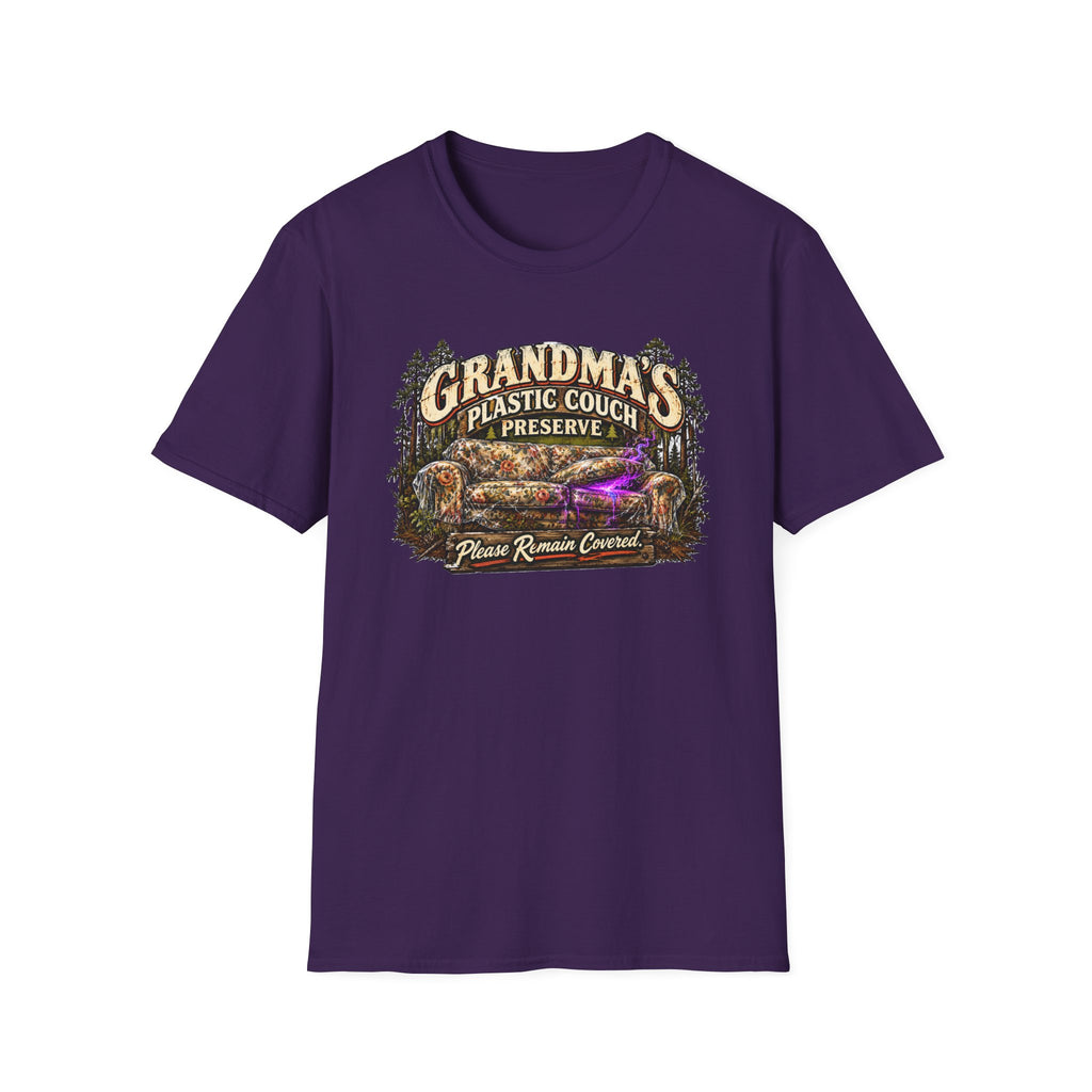 Grandma’s Plastic Couch Preserve graphic with plastic-covered sofa on a T-shirt