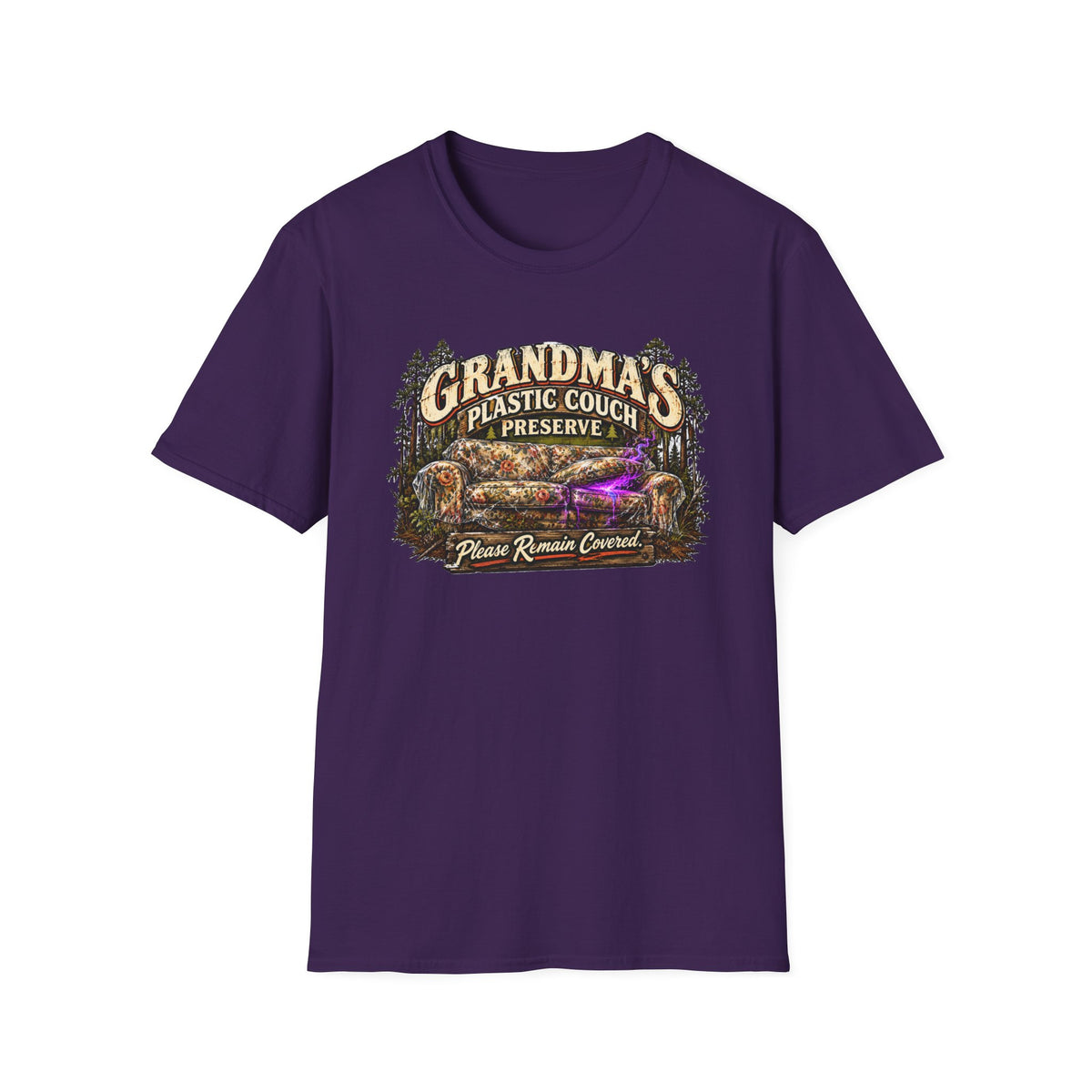 Grandma’s Plastic Couch Preserve graphic with plastic-covered sofa on a T-shirt