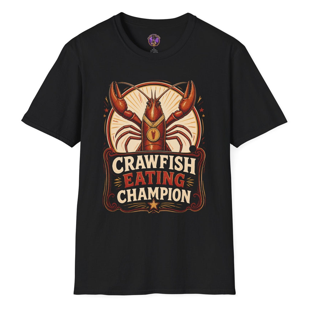 Crawfish Eating Champion retro T-shirt graphic featuring a red crawfish wearing a gold medal with bold vintage competition lettering