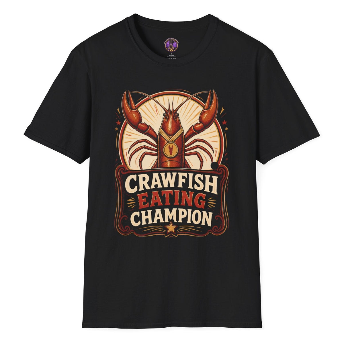Crawfish Eating Champion retro T-shirt graphic featuring a red crawfish wearing a gold medal with bold vintage competition lettering