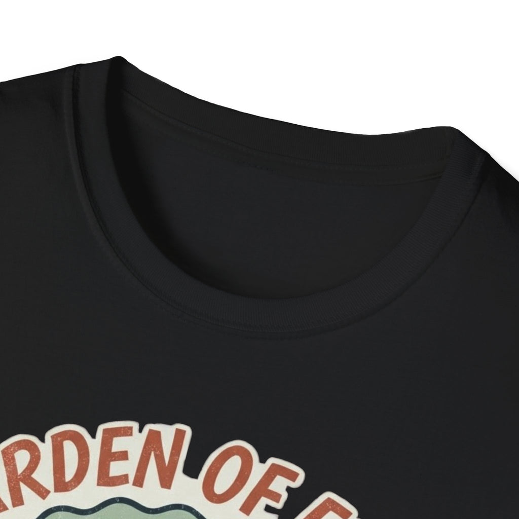 Crew-neck and upper graphic detail of Garden of Eden Pest Control T-Shirt.