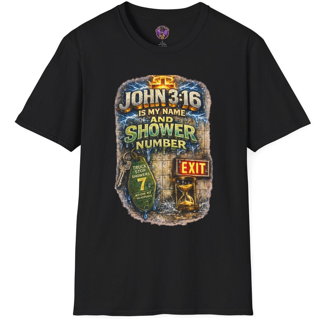 John 3:16 shower number Christian humor graphic tee