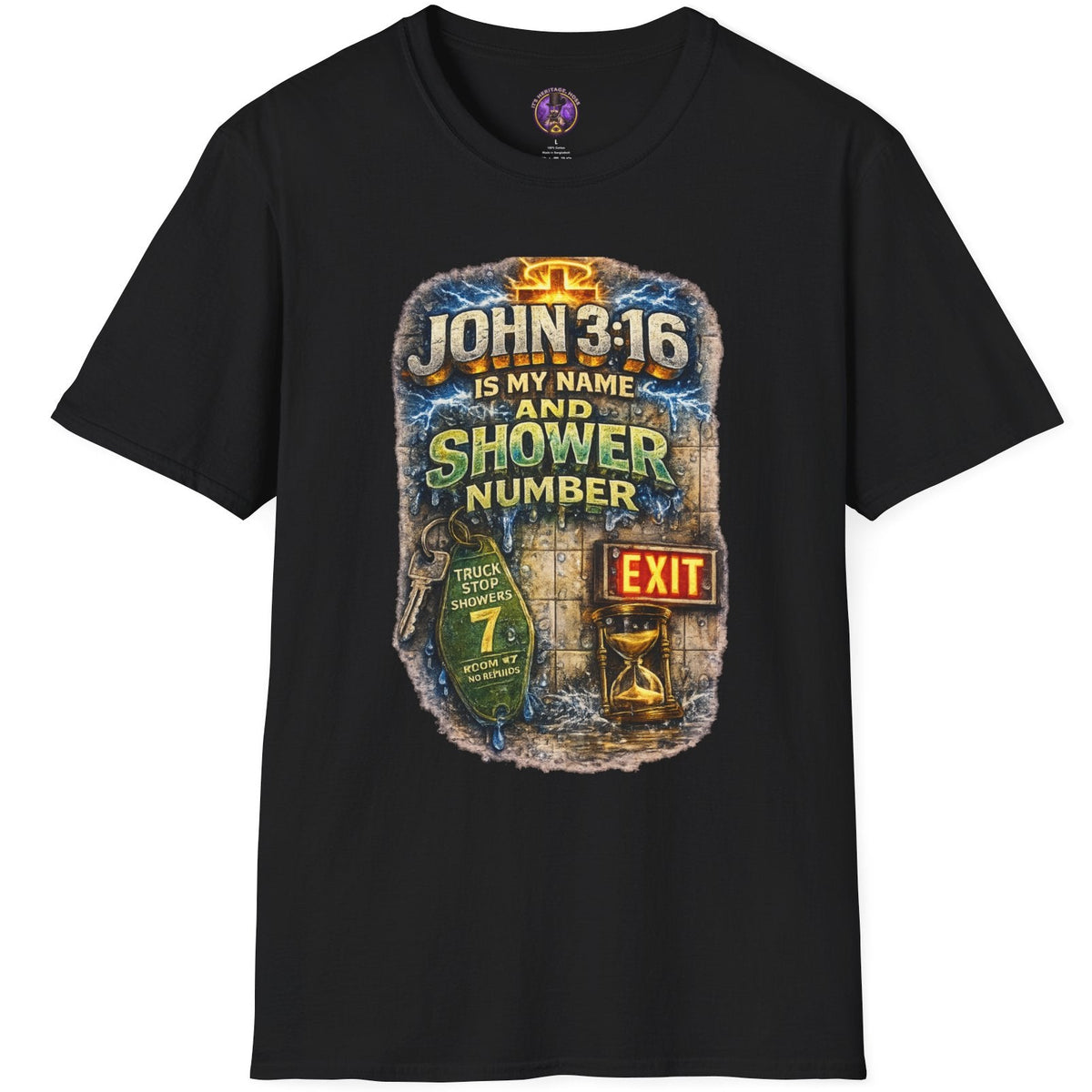 John 3:16 shower number Christian humor graphic tee