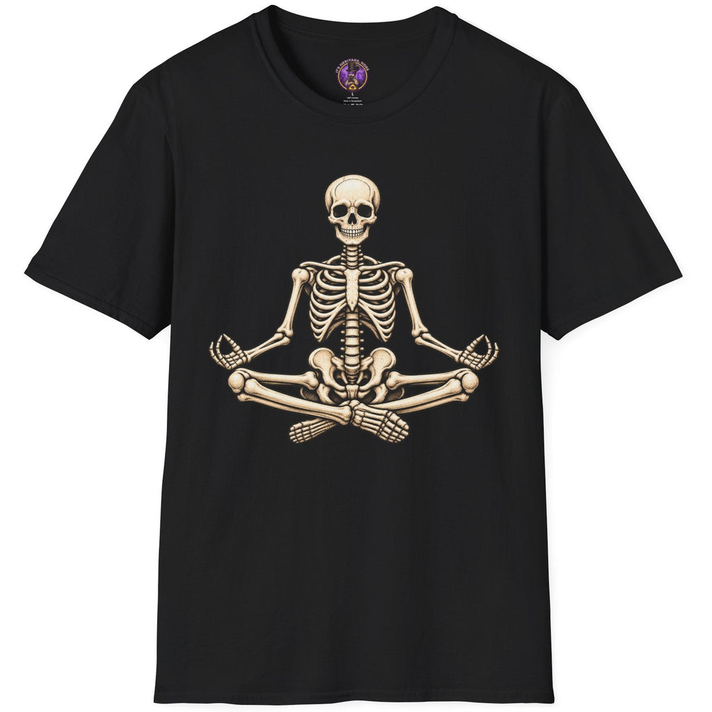 Meditating skeleton sitting cross legged in a peaceful yoga pose in detailed vintage gothic artwork