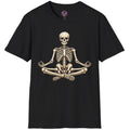 Meditating skeleton sitting cross legged in a peaceful yoga pose in detailed vintage gothic artwork