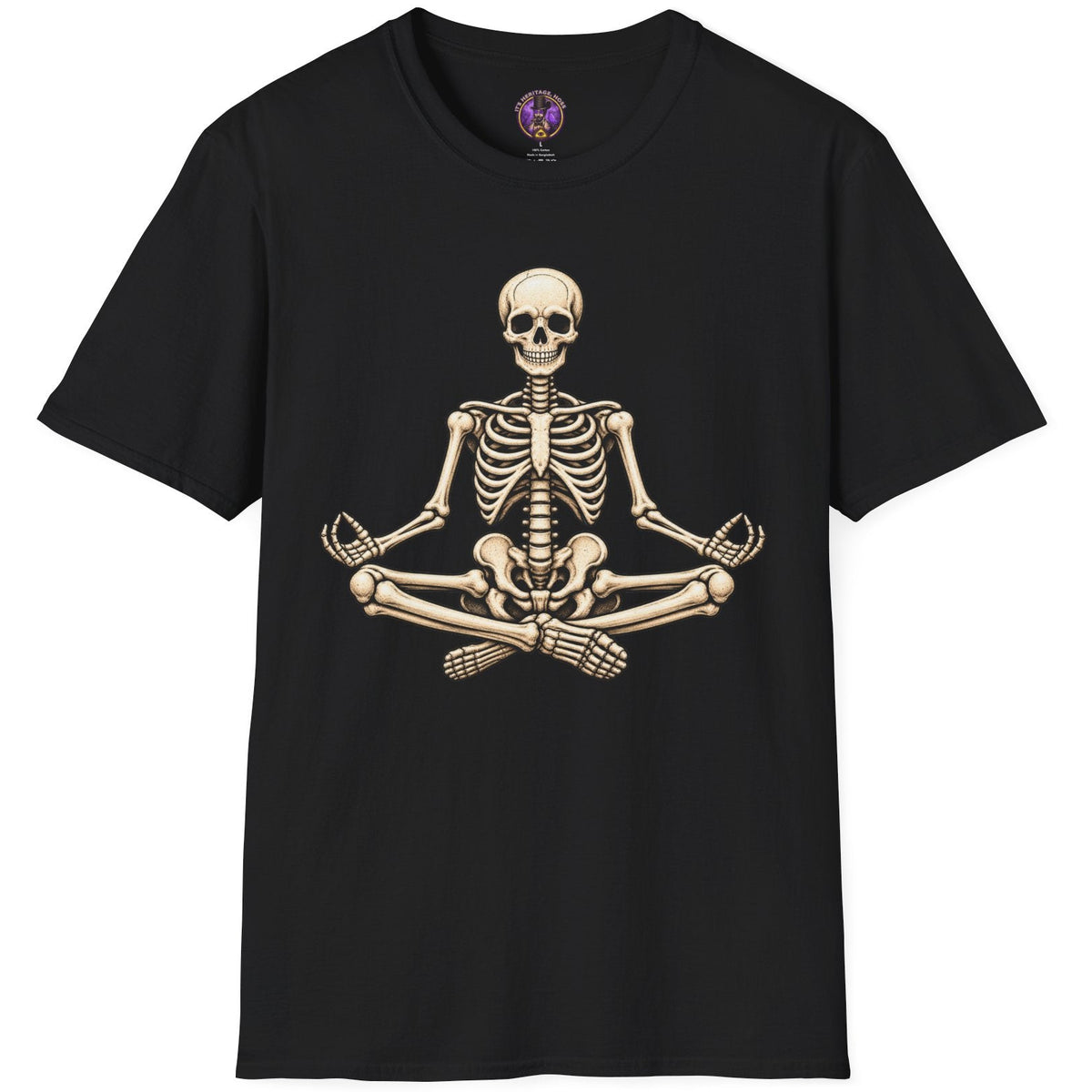 Meditating skeleton sitting cross legged in a peaceful yoga pose in detailed vintage gothic artwork