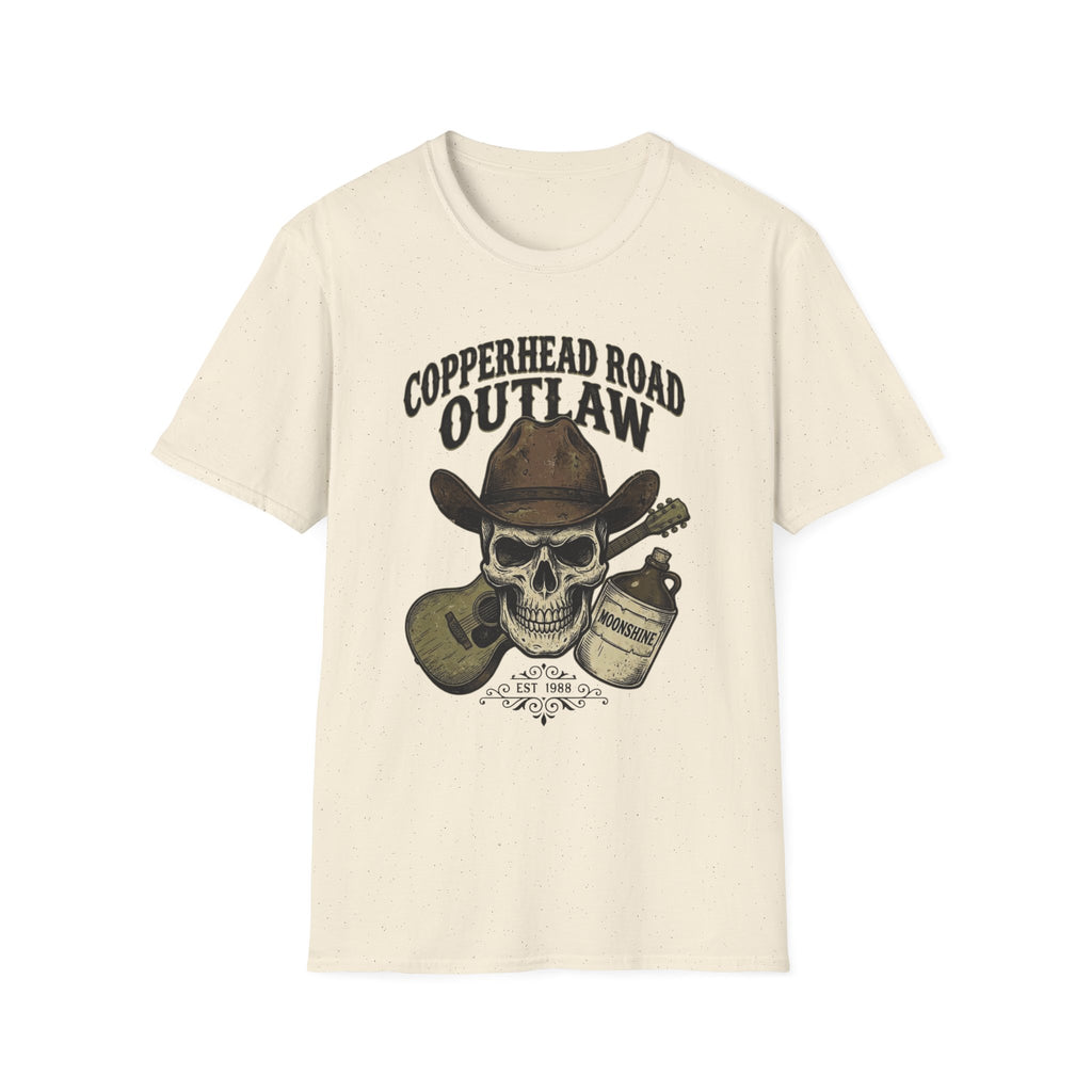 Copperhead Road Outlaw T-Shirt front view: A cowboy-hatted skull, acoustic guitar, and moonshine jug sit beneath Copperhead Road Outlaw lettering.