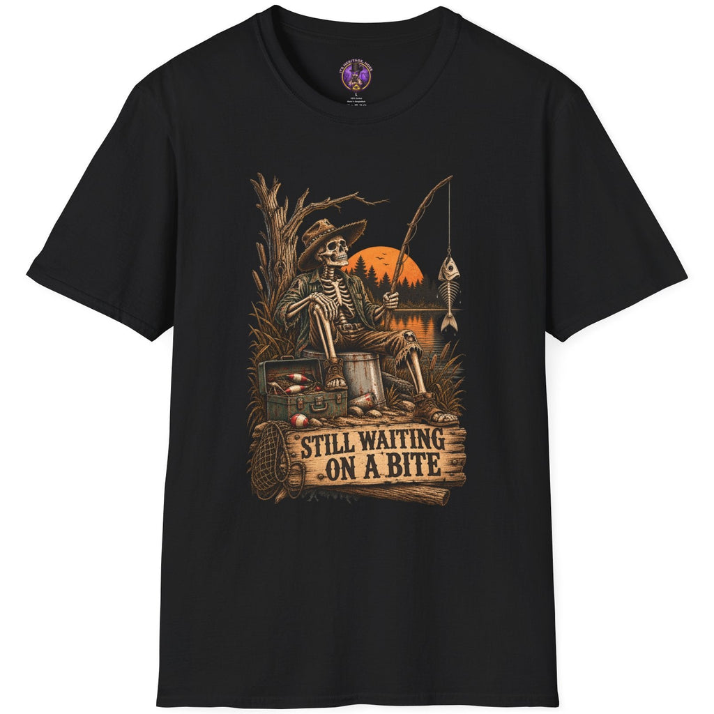 Skeleton fisherman holding a fishing rod with fish skeleton and Still Waiting on a Bite text