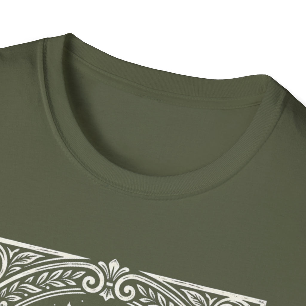 Crew-neck and upper graphic detail of The Jazzy Jawns Guitar Cat T-Shirt.