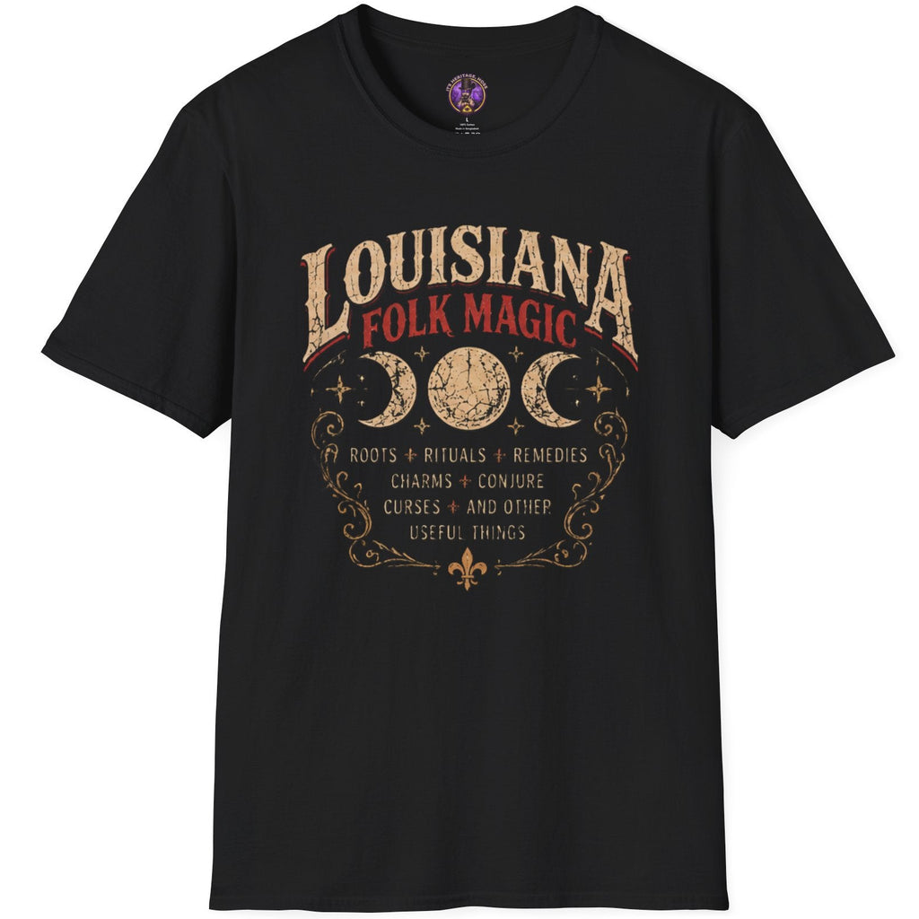 Moon phases and ornate Louisiana folk magic lettering on a vintage-style T-shirt