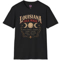 Moon phases and ornate Louisiana folk magic lettering on a vintage-style T-shirt