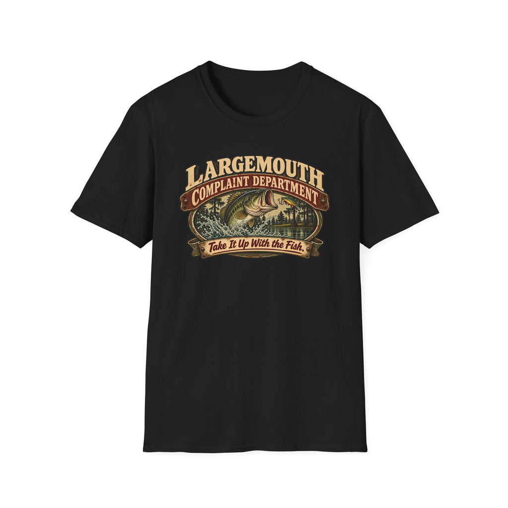 Largemouth Complaint Department graphic with bass illustration on a T-shirt
