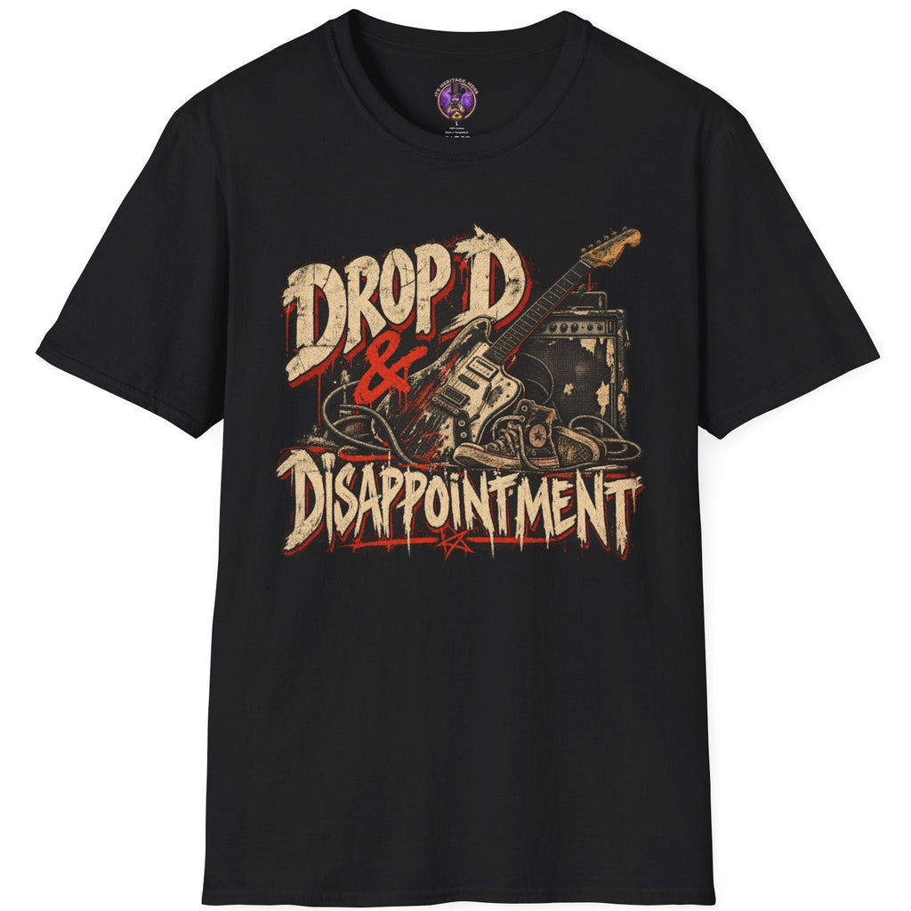Drop D & Disappointment graphic with electric guitar, amplifier and distressed 1990s grunge styling.