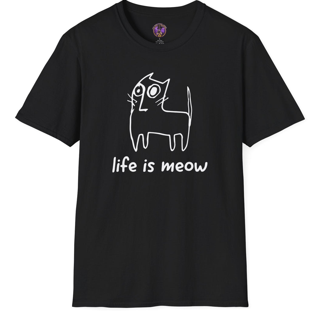 Hand-drawn doodle cat with Life Is Meow lettering on a graphic T-shirt