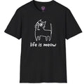 Hand-drawn doodle cat with Life Is Meow lettering on a graphic T-shirt