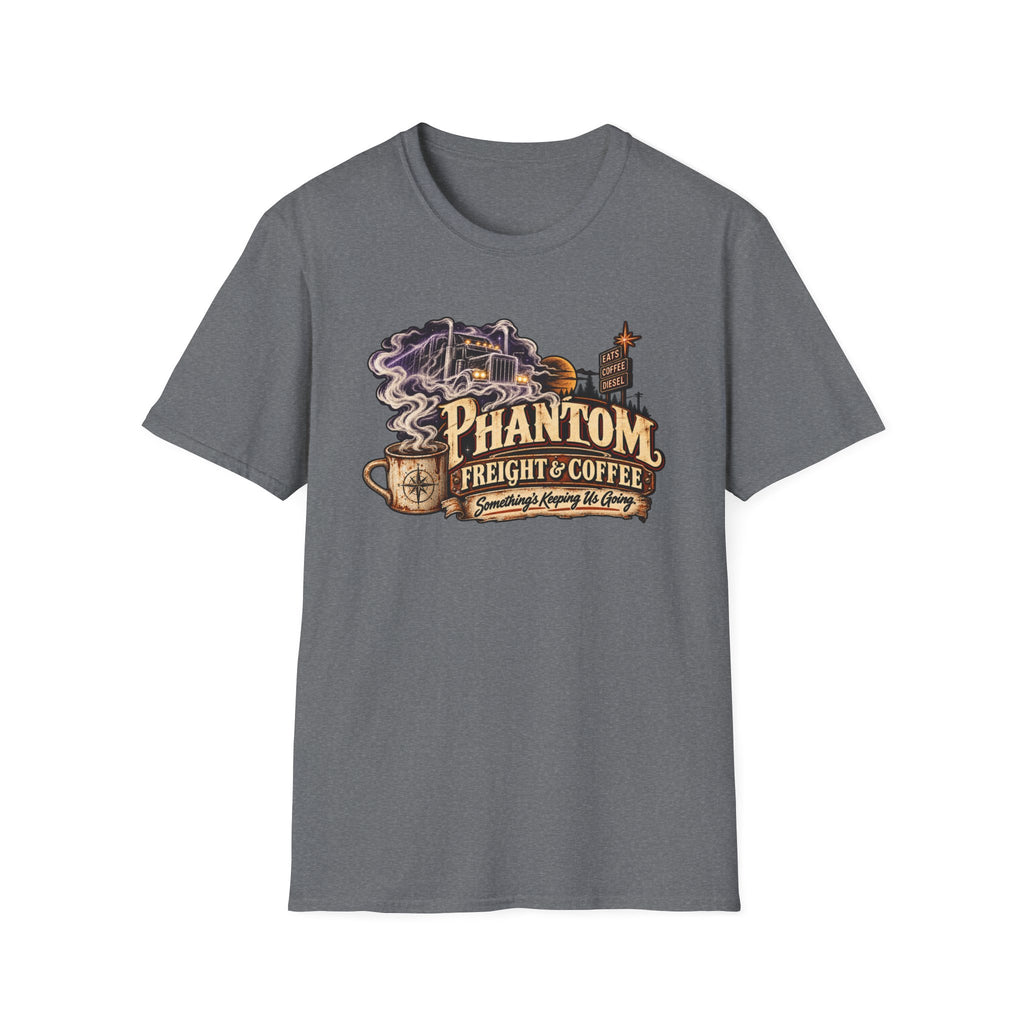 Phantom Freight and Coffee graphic with ghostly truck artwork on a T-shirt