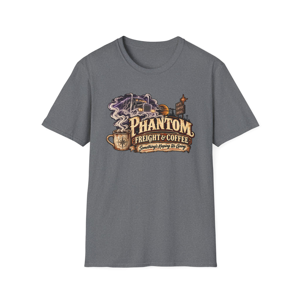 Phantom Freight and Coffee graphic with ghostly truck artwork on a T-shirt