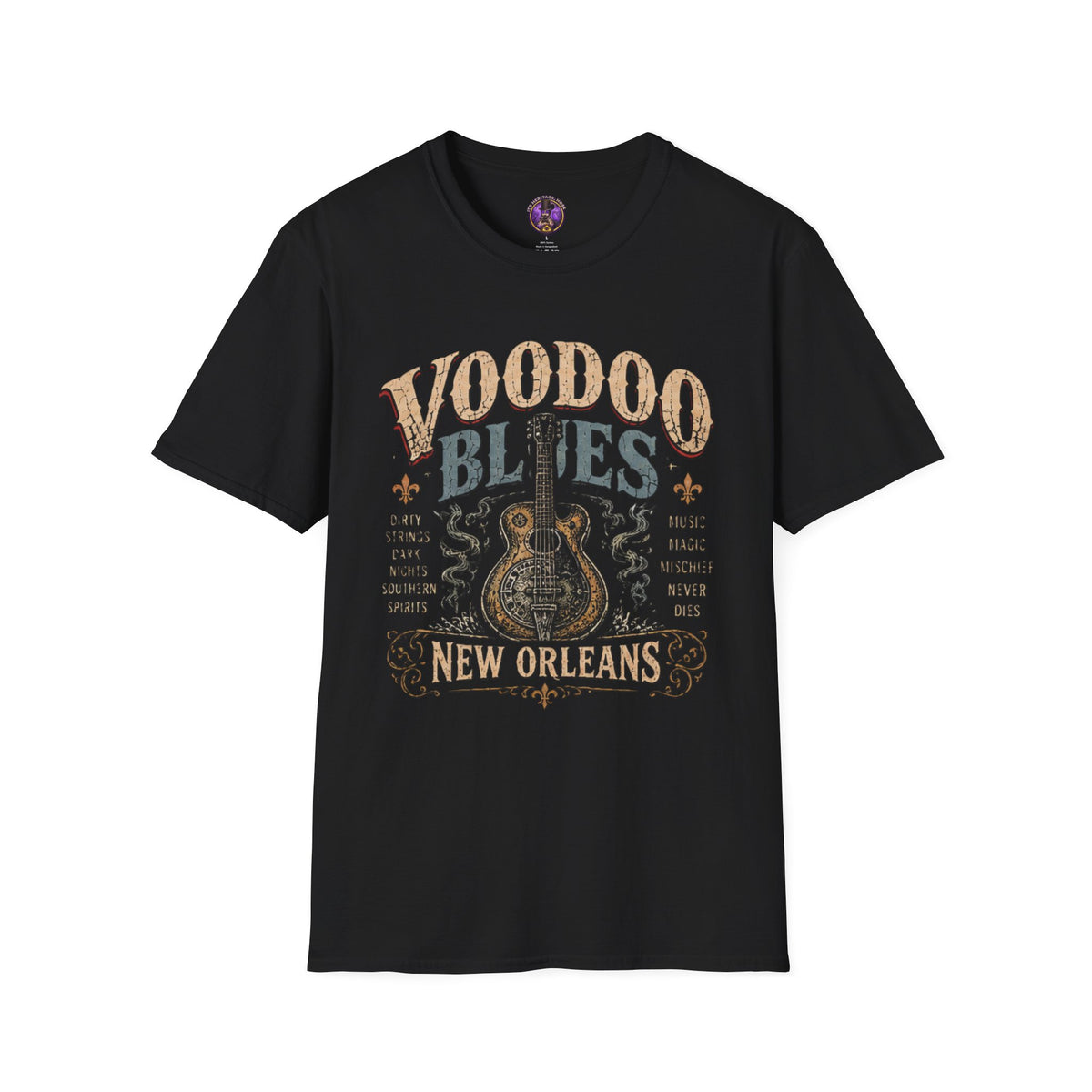 Front view of the Voodoo Blues New Orleans Guitar Tee.