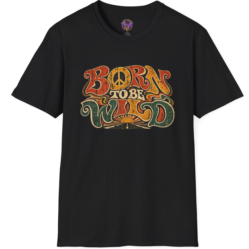 Born to Be Wild graphic with distressed psychedelic lettering inspired by vintage 1960s biker and rock art.