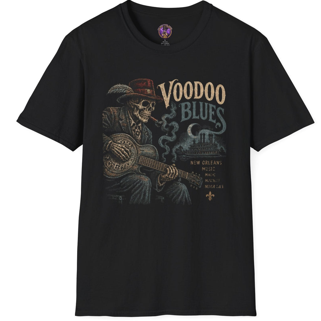 Shadowed guitarist with smoky halo and Voodoo Blues lettering on a black T-shirt