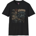 Shadowed guitarist with smoky halo and Voodoo Blues lettering on a black T-shirt