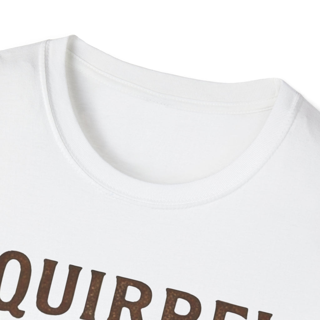 Crew-neck and upper print detail of the Squirrel Stew & Cornbread shirt.
