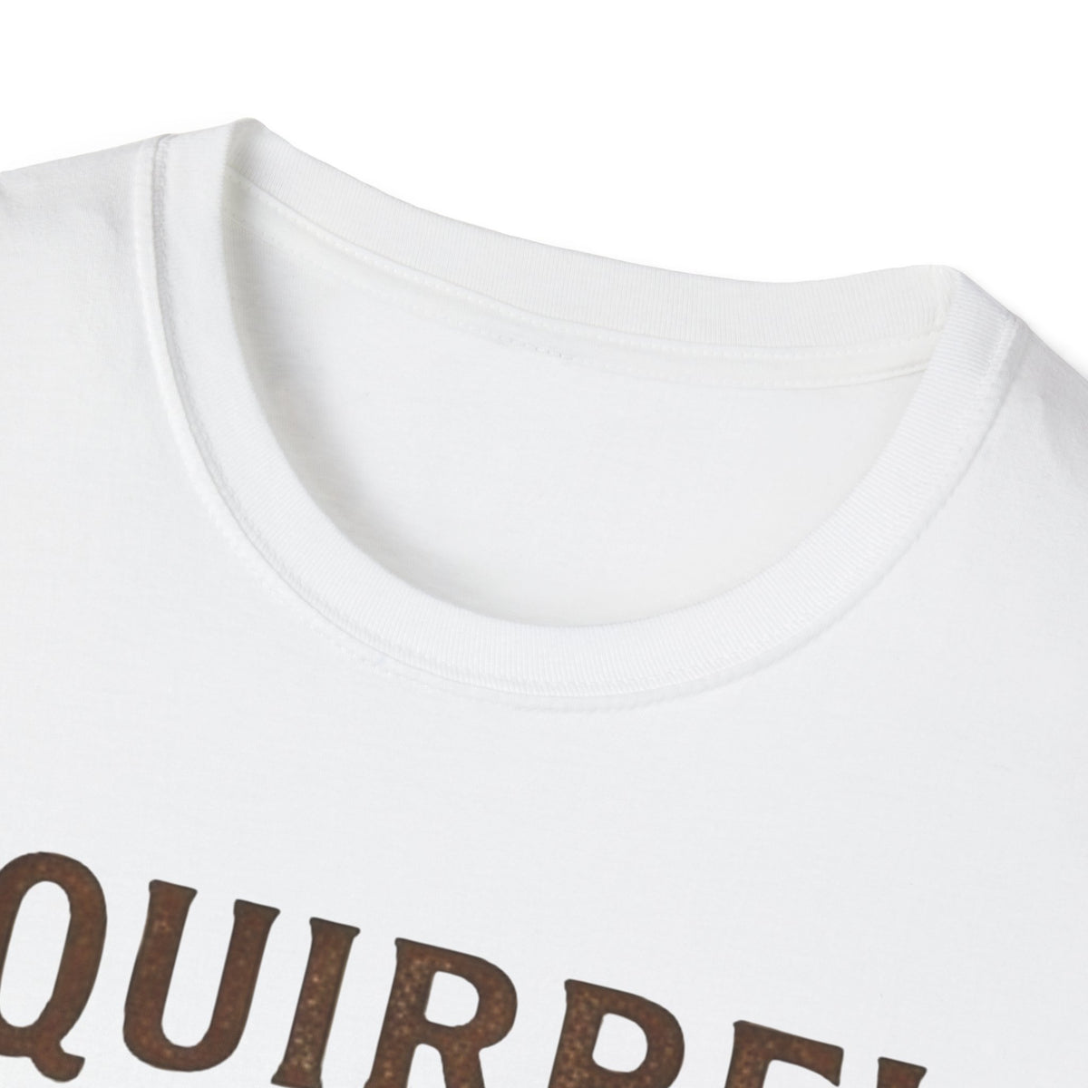 Crew-neck and upper print detail of the Squirrel Stew & Cornbread shirt.