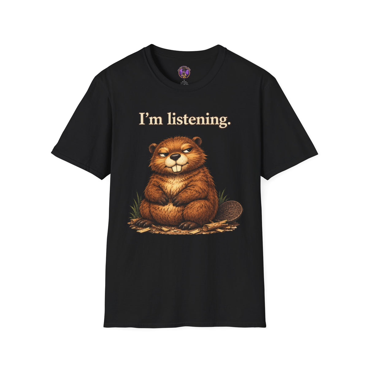 Front view of the I'm Listening Beaver shirt — Cute Woodland Animal Graphic Tee.
