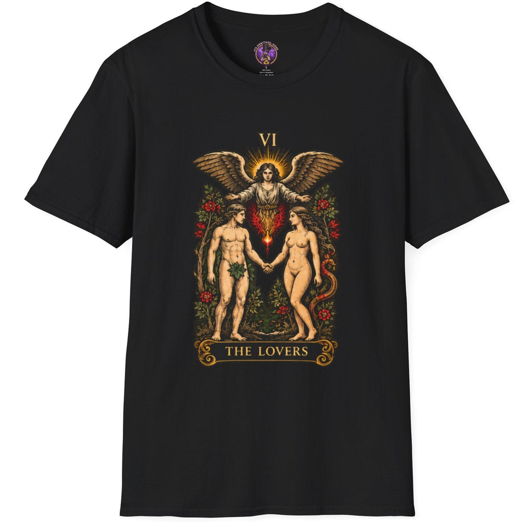 The Lovers tarot card artwork framed by vines and roses on a T-shirt