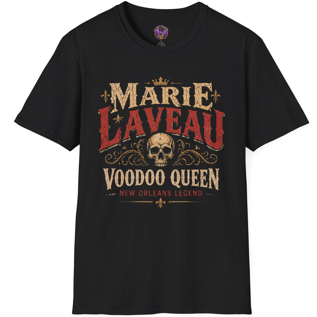 Marie Laveau Voodoo Queen lettering with ornate skull artwork on a graphic T-shirt