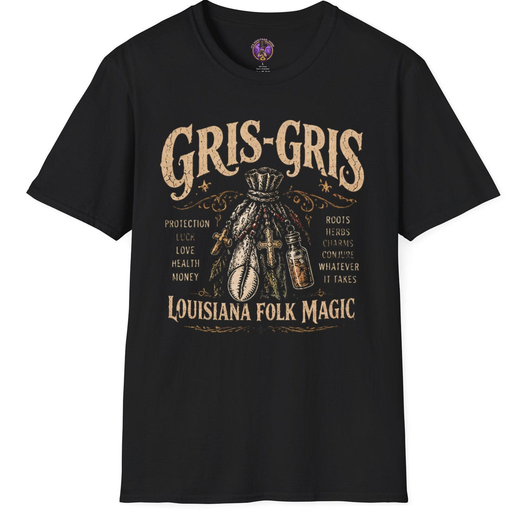 Gris-gris folk magic graphic with tied herbs, charms and vintage lettering on a dark T-shirt