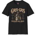 Gris-gris folk magic graphic with tied herbs, charms and vintage lettering on a dark T-shirt
