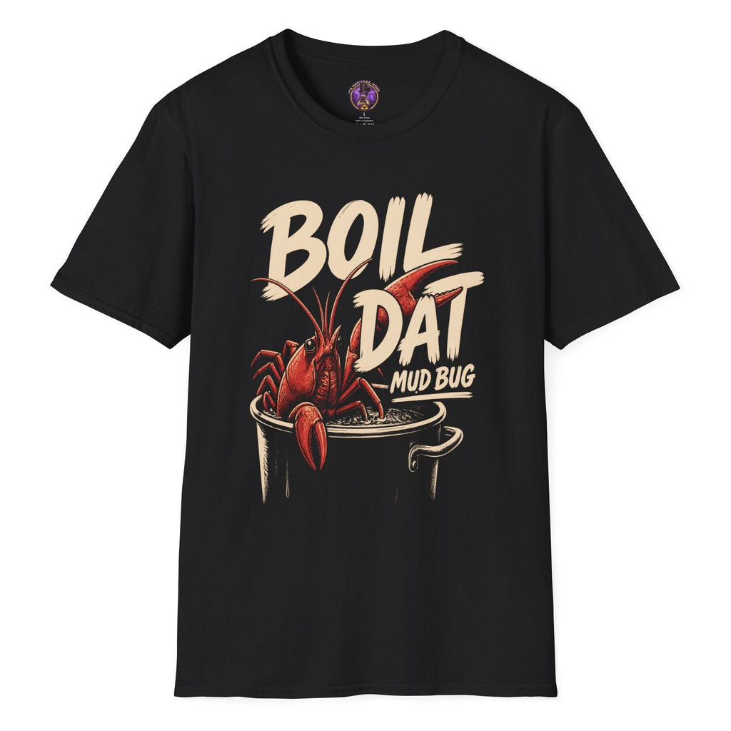 Boil Dat Mud Bug Cajun T-shirt graphic featuring a red crawfish climbing from a boiling pot with bold vintage-style lettering