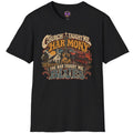 Southern music graphic with guitar, church and honky-tonk imagery reading Church Taught Me Harmony, The Bar Taught Me Blues.