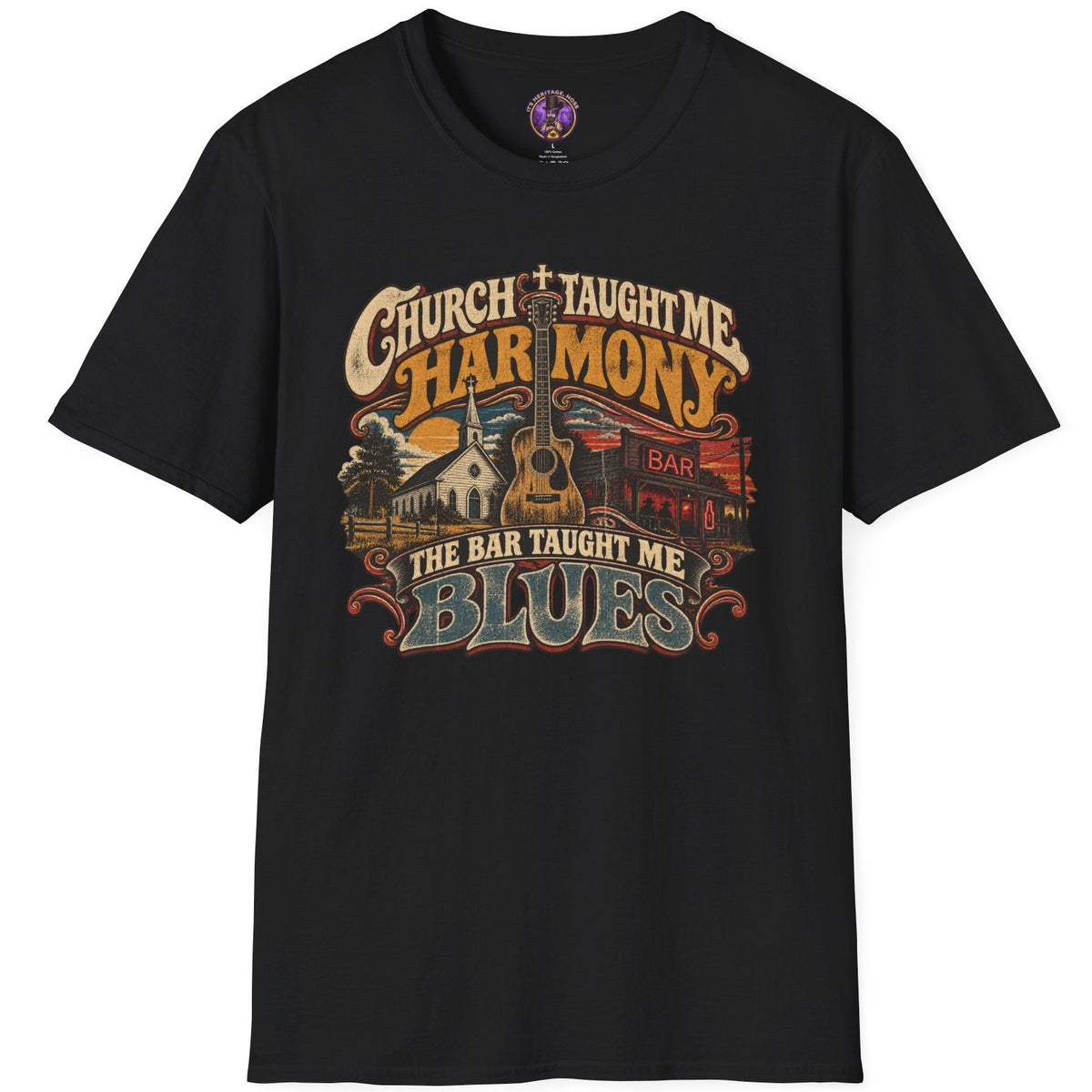 Southern music graphic with guitar, church and honky-tonk imagery reading Church Taught Me Harmony, The Bar Taught Me Blues.