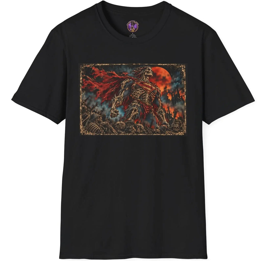 Skeletal gothic superhero wearing a flowing tattered cape beneath a blood red moon in dark fantasy artwork