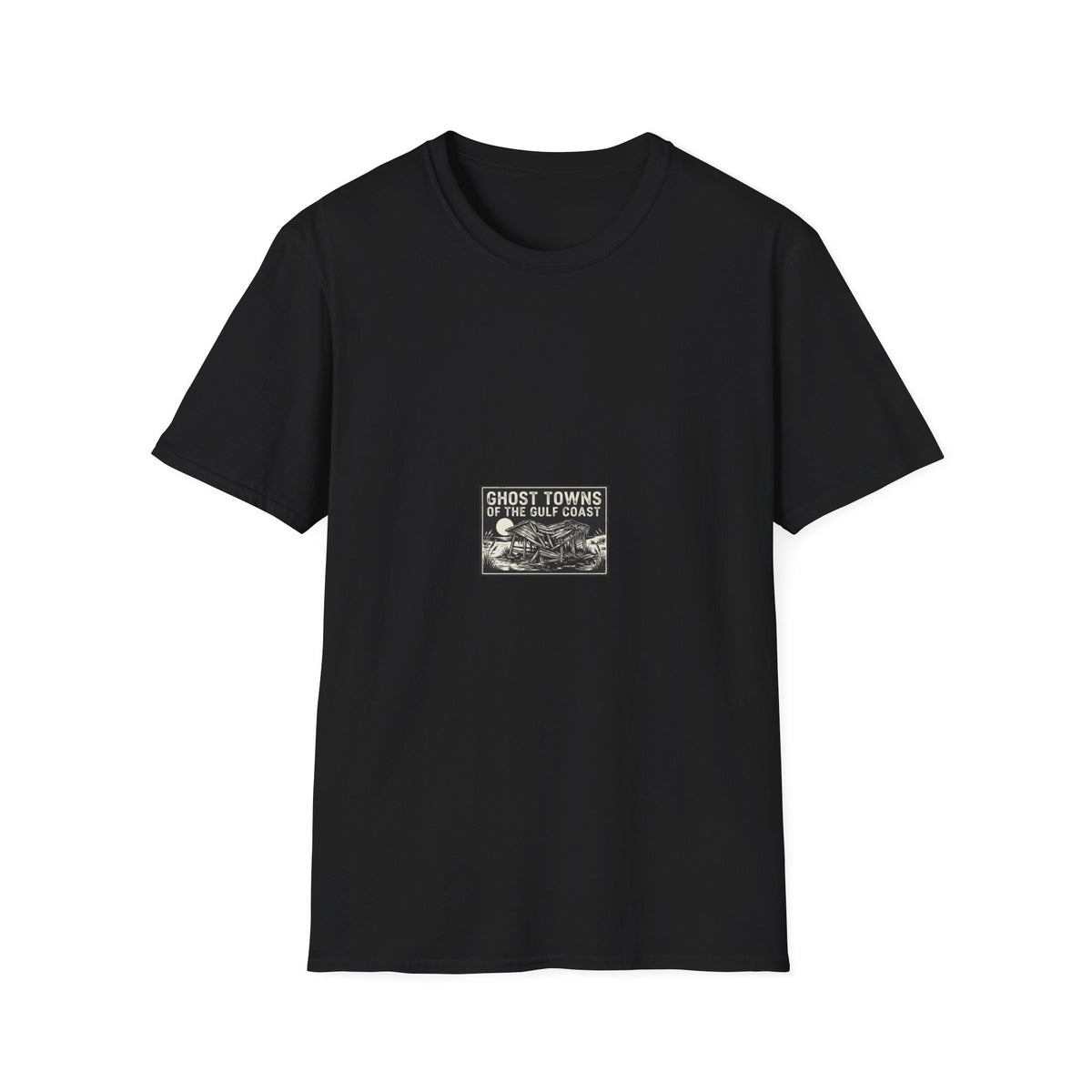 Ghost Towns of the Gulf Coast graphic featuring collapsed coastal wooden shelter under a moon with vintage distressed lettering.