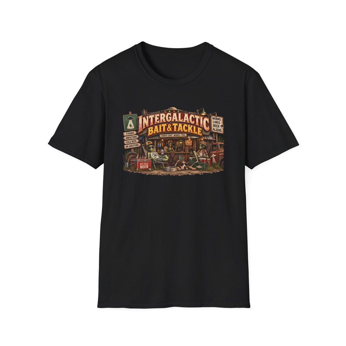 Intergalactic Bait and Tackle graphic with cosmic bait-shop scene on a T-shirt