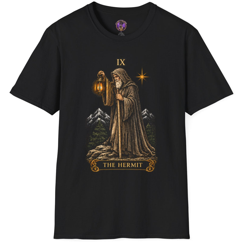 The Hermit tarot figure raising a lantern in a forest with a guiding star