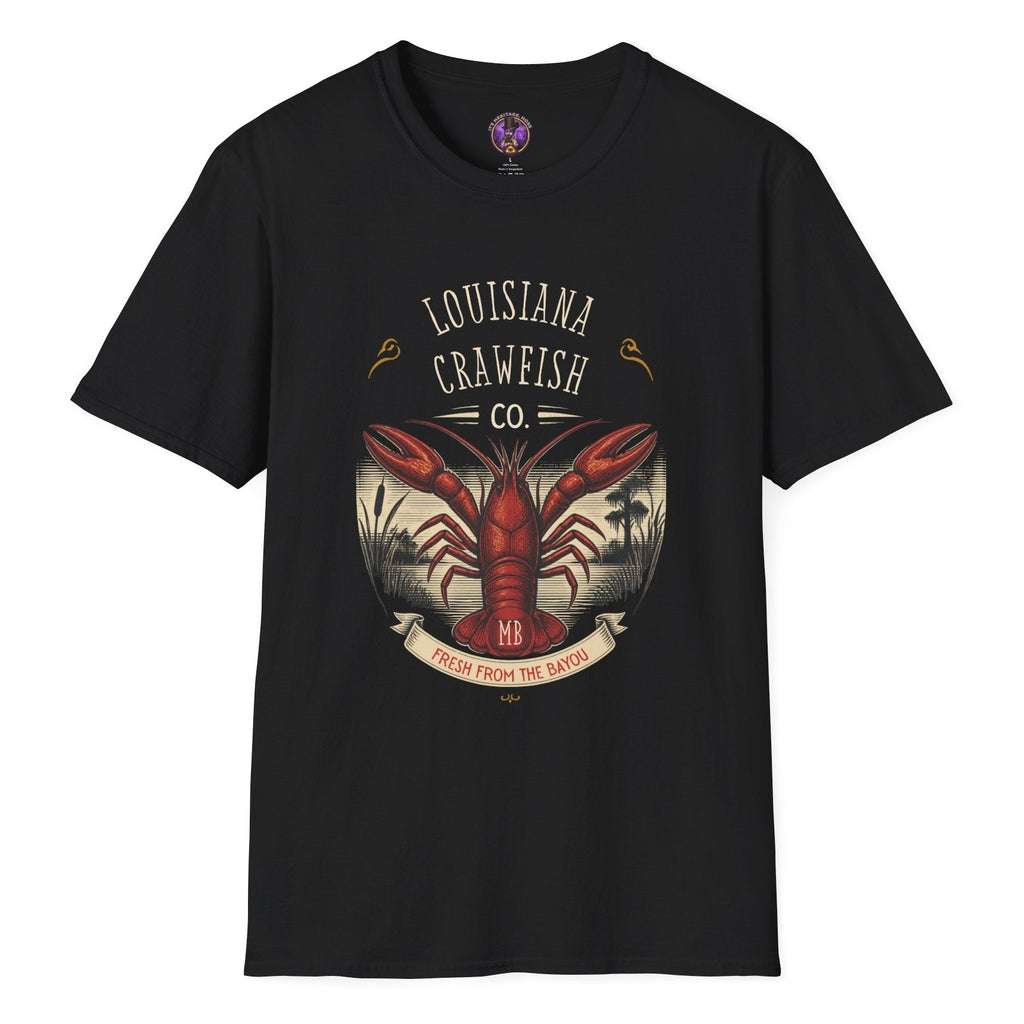 Louisiana Crawfish Co T-shirt graphic with large red crawfish, vintage bayou landscape, cypress trees and Fresh From the Bayou banner