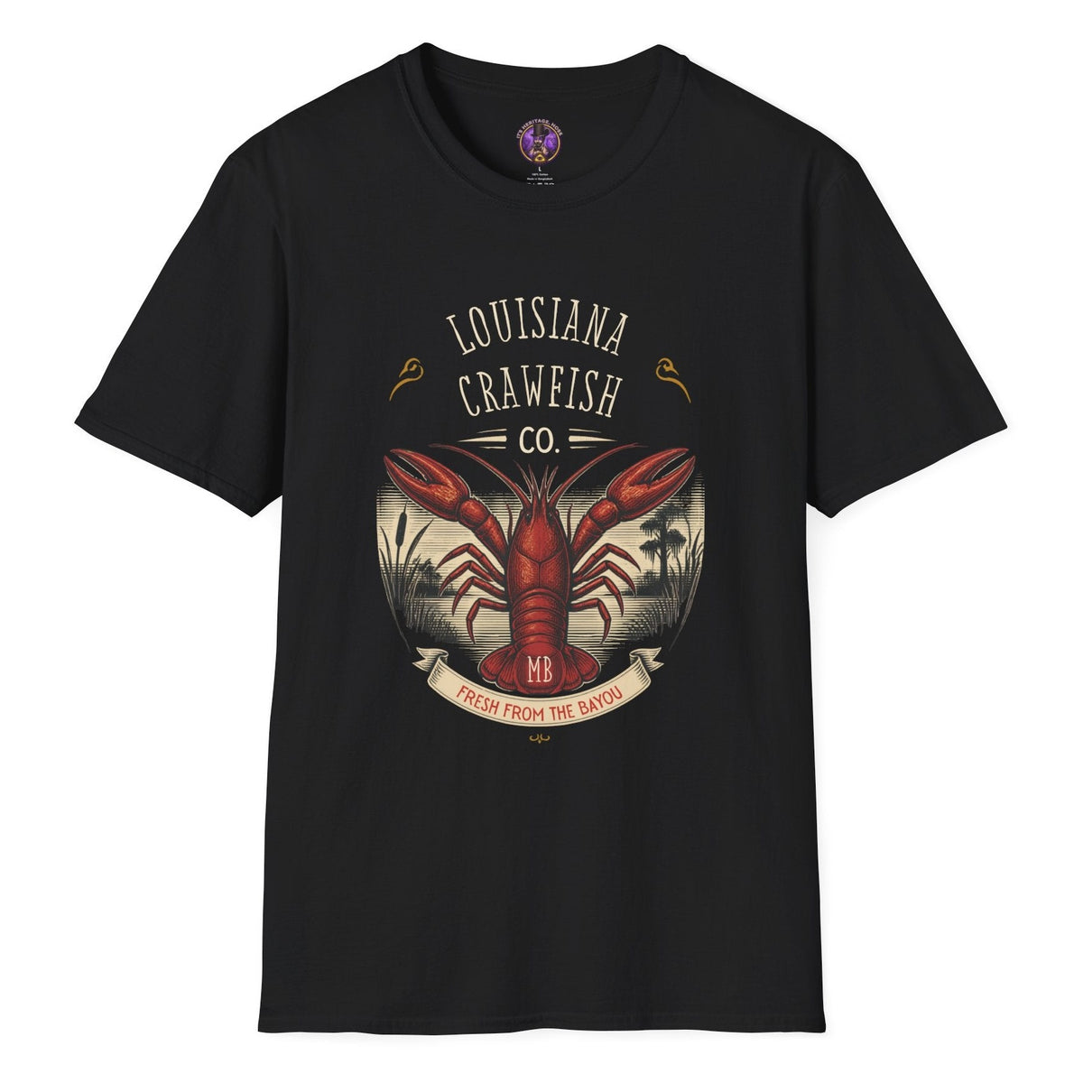 Louisiana Crawfish Co T-shirt graphic with large red crawfish, vintage bayou landscape, cypress trees and Fresh From the Bayou banner