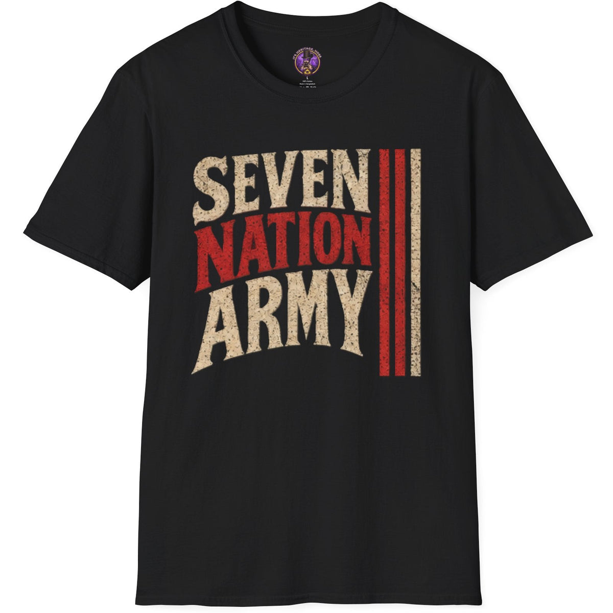 Seven Nation Army graphic with distressed red, white and black geometric artwork inspired by early-2000s garage rock.
