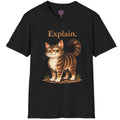 Vintage-style hand-drawn tabby cat illustration on a graphic T-shirt